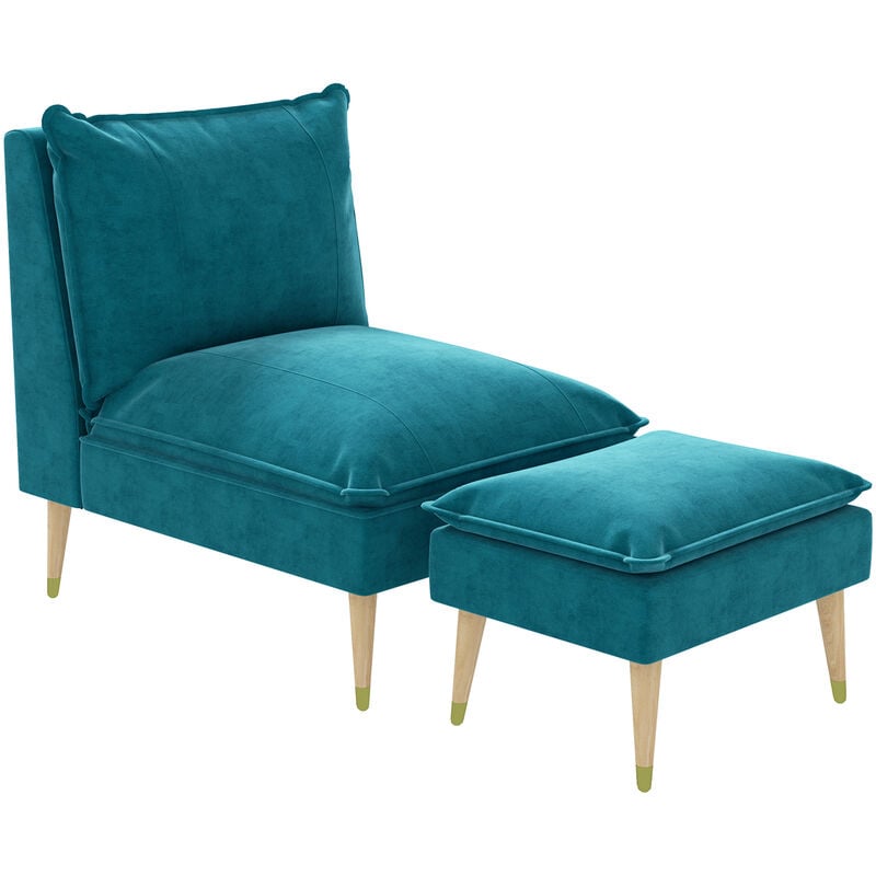 Fauteuil design scandinave grand confort - repose-pied inclus - piètement effilé incliné bois hévéa velours turquoise