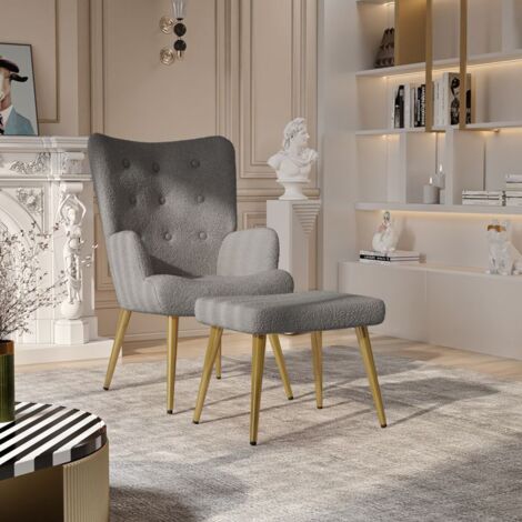 Fauteuil avec Repose-Pied, Tissu Gris, Pieds en Metal, Style Scandinave, Dossier haut, Chaise Pour Salon,Chambre,Salle à manger