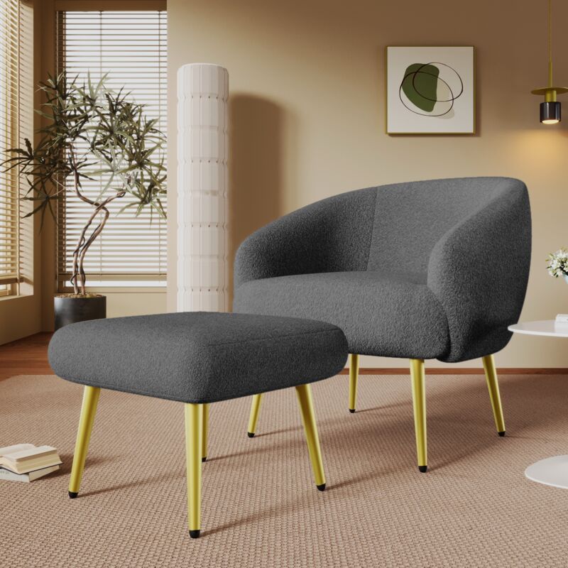Eifson - Fauteuil, avec repose-pieds, coussins Sherpa, design ergonomique, pieds dorés, style moderne, 68x66x73+46x47x36 cm, pour salon et chambre