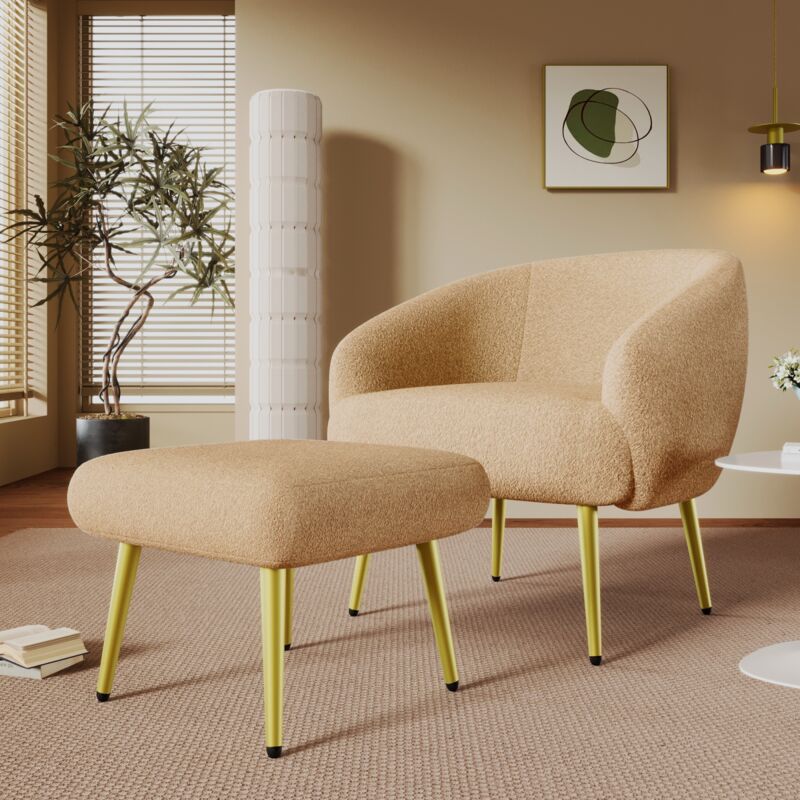 Eifson - Fauteuil, avec repose-pieds, coussins Sherpa, design ergonomique, pieds dorés, style moderne, 68x66x73+46x47x36 cm, pour salon et chambre