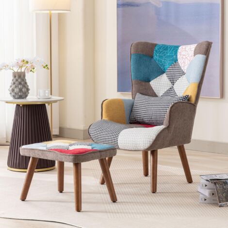 Fauteuil avec repose pieds de couleur patchwork dossier et coussin, fauteuil relax