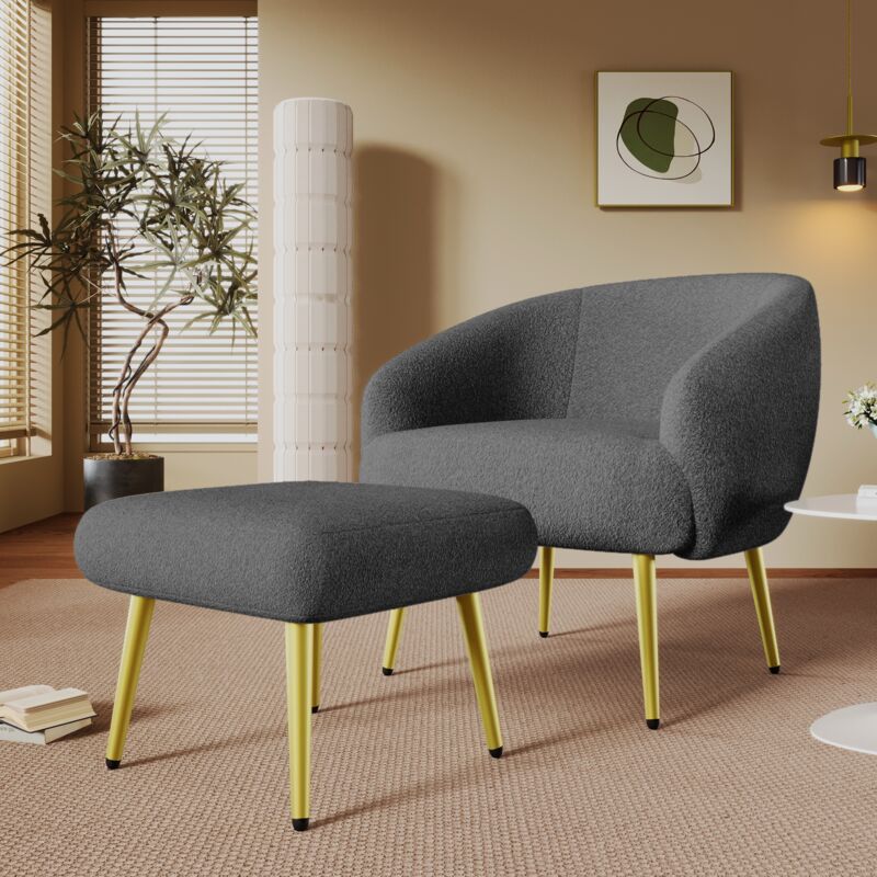 Fauteuil, avec repose-pieds, dossier, pieds en métal, design ergonomique, chaise capitonné en sherpa, pour Salon Chambre Vérandas - Gris