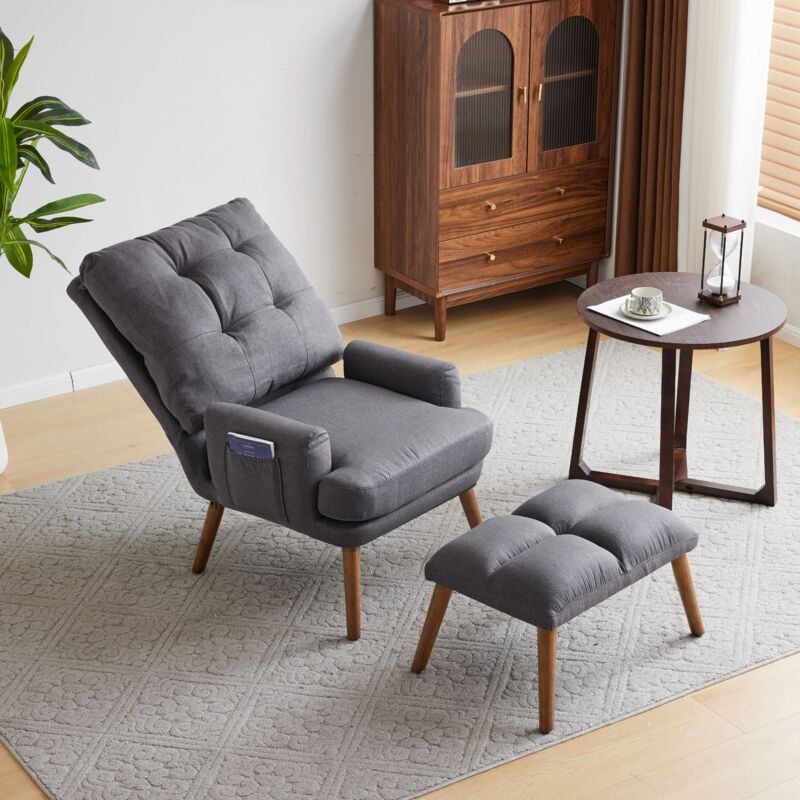Fauteuil avec repose-pieds, dossier réglable en 5 positions, inclinable, chaise avec rangement latéral