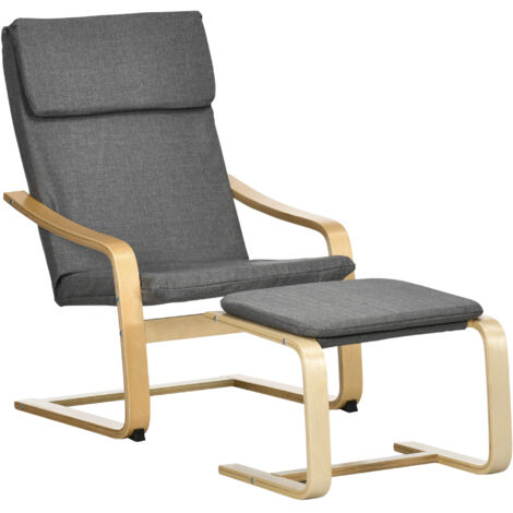 Fauteuil avec repose-pieds, ensemble fauteuil, aspect lin, bois massif, gris et naturel
