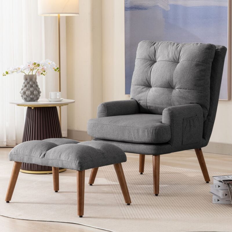 Eifson - Fauteuil, avec repose-pieds et poches latérales, dossier réglable sur 5 niveaux, inclinable, structure en bois massif, style scandinave,