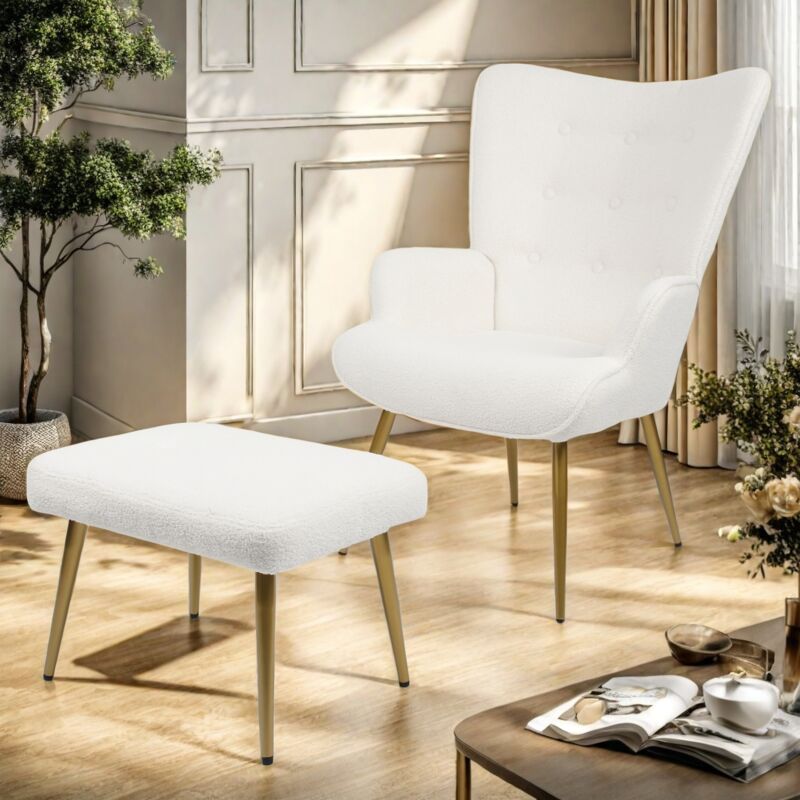 Fauteuil avec repose pieds, Fauteuil Relax en Velours Fauteuil Loisir Rembourés adapté au salon, chambre et balcon - Blanc