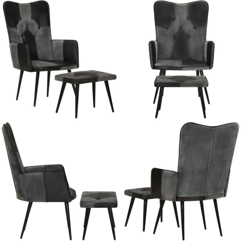 Fauteuil avec repose-pieds Noir Cuir véritable et toile - Fauteuil Relax - Fauteuil Cuir - Fauteuil Design - Fauteuils Confortables - Mobilier Salon