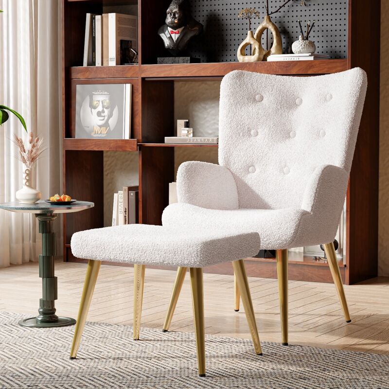 Fauteuil, avec repose-pieds, pieds en bois massif, dossier rembourré, laine peluche, style scandinave, adapté au salon, chambre et balcon - Blanc