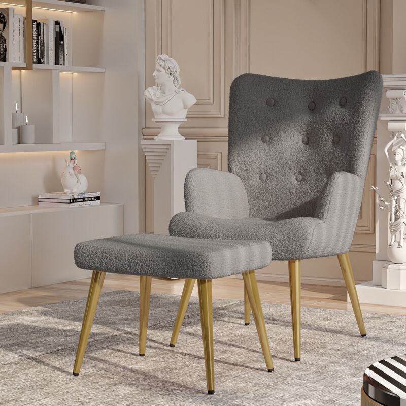 Fauteuil, avec repose-pieds, pieds en bois massif, dossier rembourré, laine peluche, style scandinave, adapté au salon, chambre et balcon - Gris