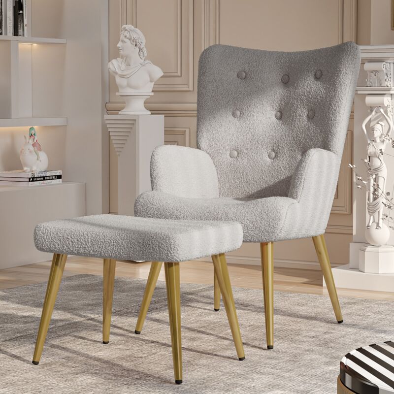 Fauteuil, avec repose-pieds, pieds en bois massif, dossier rembourré, laine peluche, style scandinave, adapté au salon, chambre et balcon - Gris clair