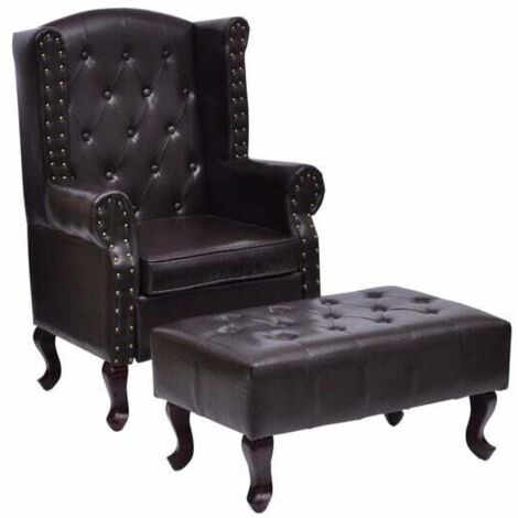 Fauteuil avec repose-pieds, similicuir marron foncé
