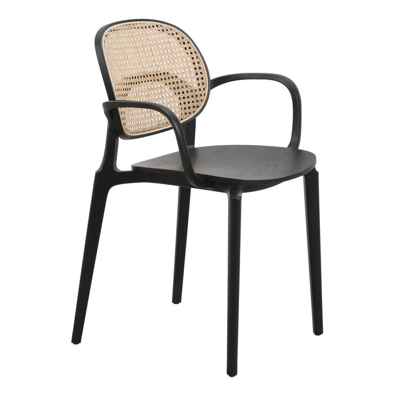 Kosmi - Fauteuil avec structure Noire, Assise Bois et Cannage Naturel