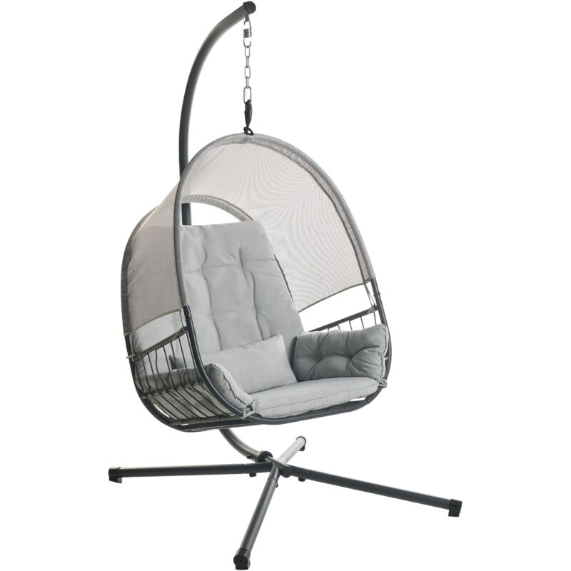 Fauteuil Balancoire Suspendu Moderne Boho avec Support Chaîne en Métal et Coussin d'Assise Tissu Maillé Gris Clair Alviano