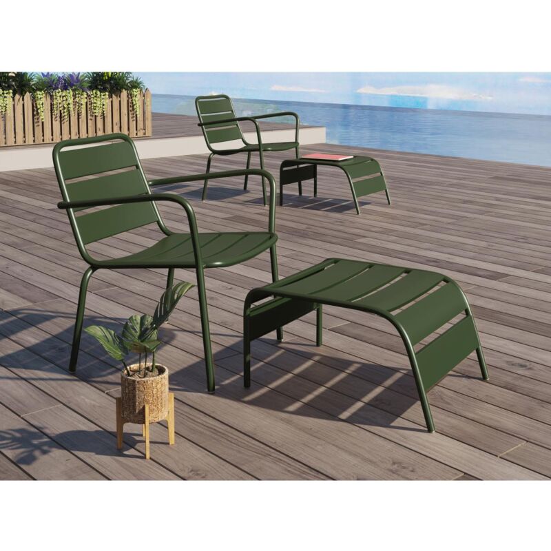 Fauteuil bas de jardin empilable + repose pied en métal - Kaki - MIRMANDE de MYLIA
