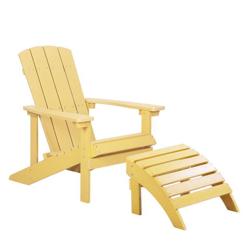 chaise basse fauteuil de jardin effet bois jaune avec accoudoirs et repose-pied confortable matières résitantes style rustique et campagne beliani