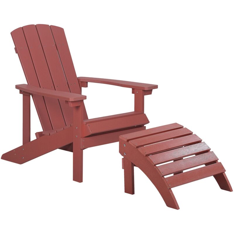 Chaise Basse Fauteuil de Jardin Effet Bois Rouge avec Accoudoirs et Repose-pied Confortable Matières Résitantes Style Rustique et Campagne Beliani