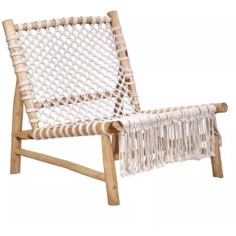 Fauteuil bas lounge incliné en bois de teck et coton blanc - TALA