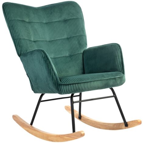 Fauteuil Bascule DESIGN - Accoudoirs & Structure Bois - Corde Tressée Vert Foncé -Salon/Chambre