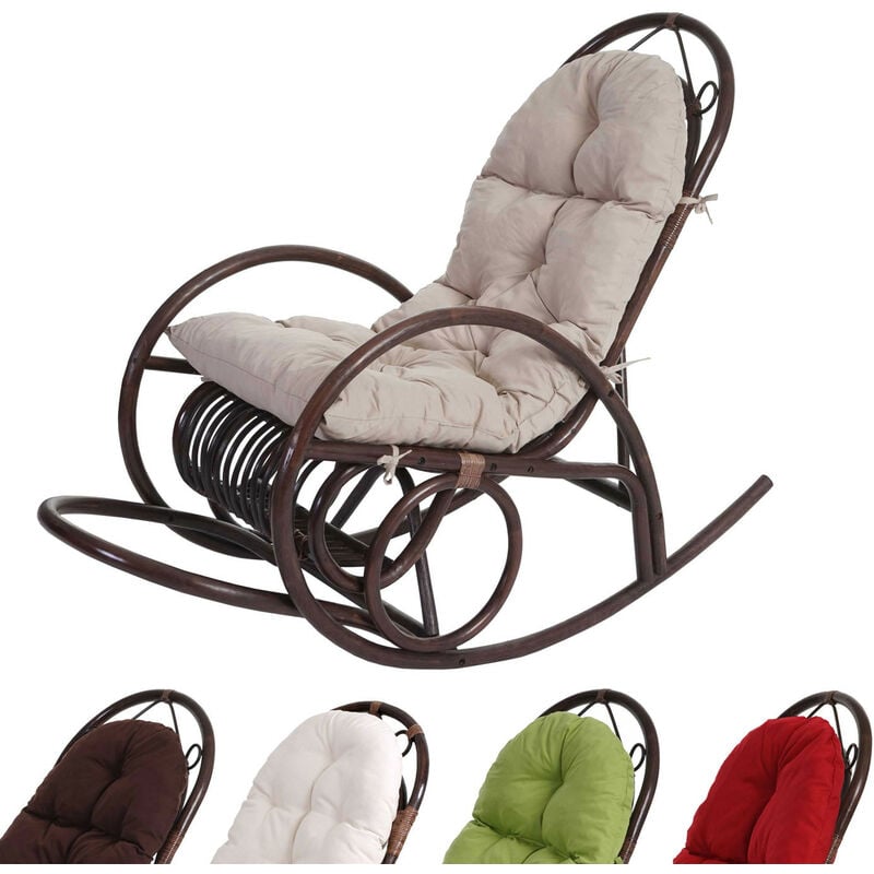 Fauteuil à bascule HWC-C40, rocking-chair, fauteuil en rotin, marron - coussin marron