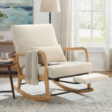Fauteuil bascule nordique repose-pieds, dossier réglable, velours côtelé, pieds/accoudoirs bois, coussin crème