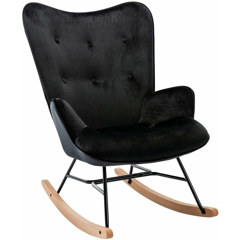 Fauteuil à bascule rocking chair bouton décoratif en tissu velours noir confortable et design FAB10070