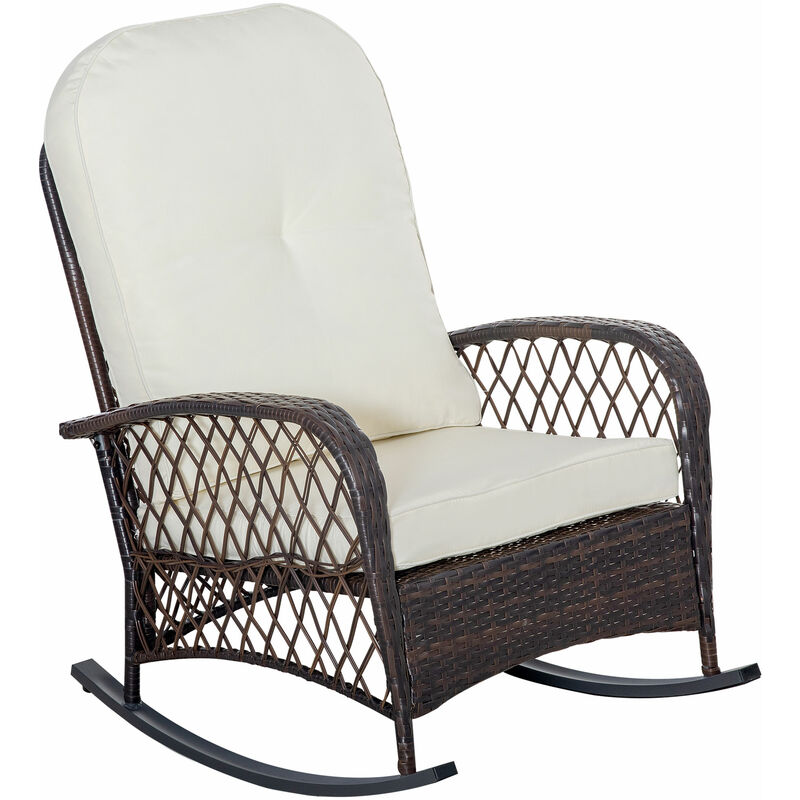 Outsunny - Fauteuil à bascule rocking chair intérieur extérieur en résine tressée avec coussins moelleux - dim. 75L x 103P x 96H cm - marron crème
