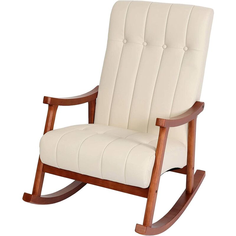 Décoshop26 - Fauteuil à bascule rocking chair relax avec accoudoirs en synthétique crème cadre aspect noyer FAB04032