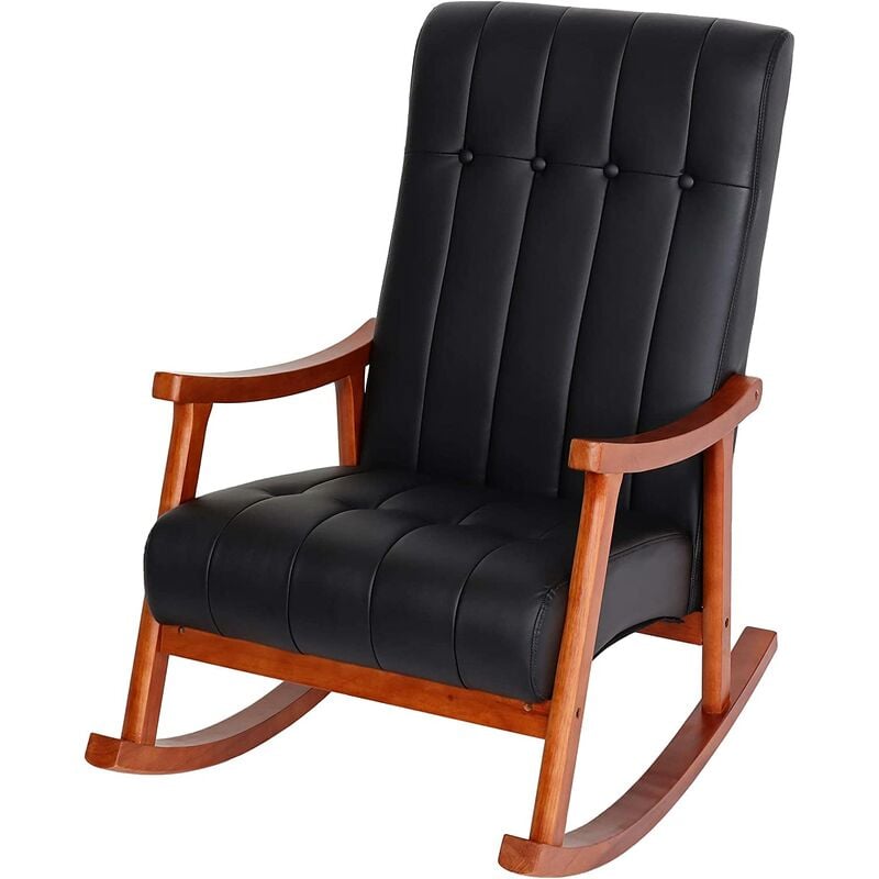 Fauteuil à bascule rocking chair relax avec accoudoirs en synthétique noir cadre aspect noyer FAB04033