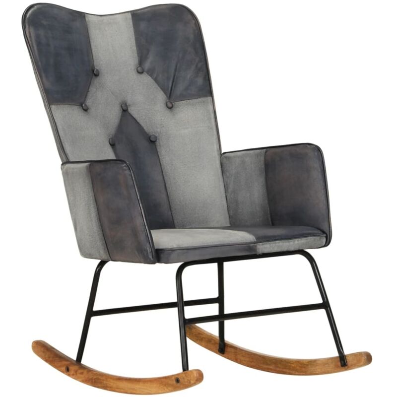 Chaise à bascule Gris Cuir véritable et toile