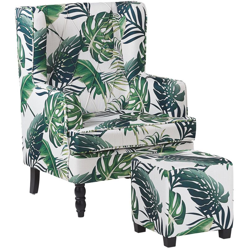 Beliani - Fauteuil bergère en tissu blanc motif feuilles avec repose-pieds assorti SANDSET