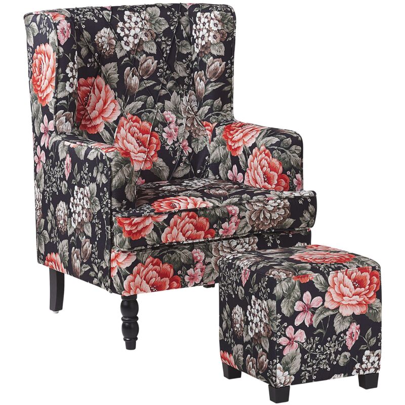 Fauteuil Bergère en Tissu Noir Motif Floral Multicolore avec Repose-pieds Confort et Elégance pour Salon ou Chambre Classique et Rétro Beliani
