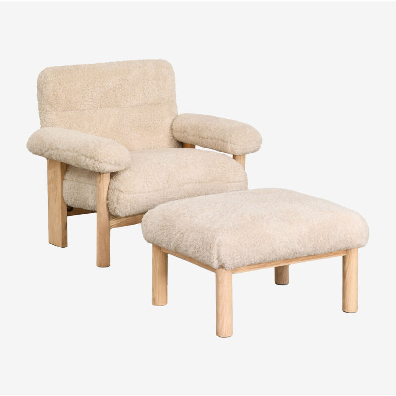 Sklum - Fauteuil Bernia avec repose-pieds en peau de mouton et bois de frêne Blanc