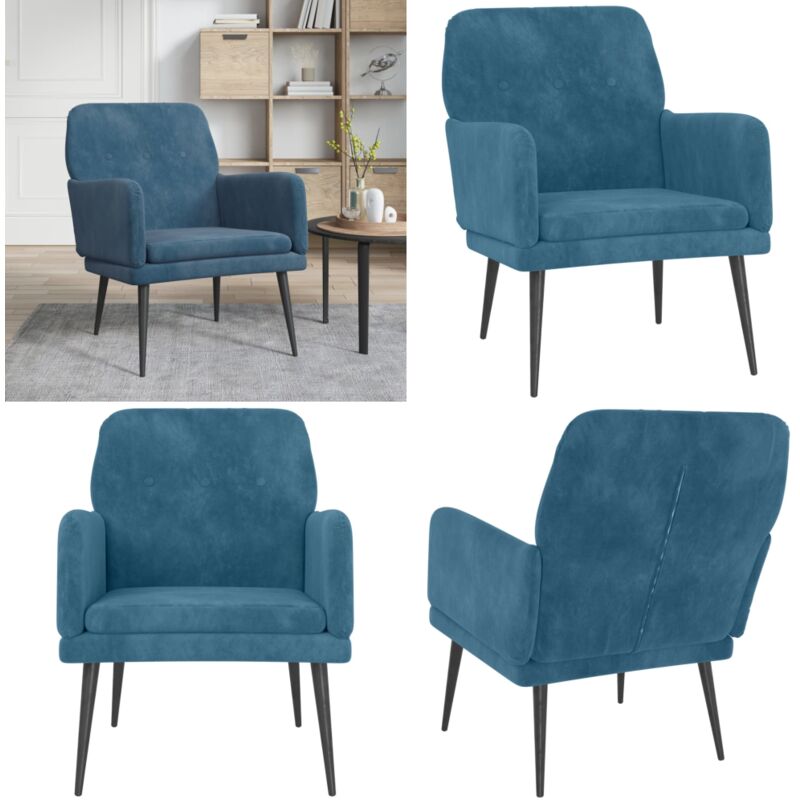 Fauteuil Bleu 62x79x79 cm Velours - Fauteuil Relaxant - Fauteuil Confort - Fauteuil Velours - Chaise Longue - Meuble Salon - Home & Living