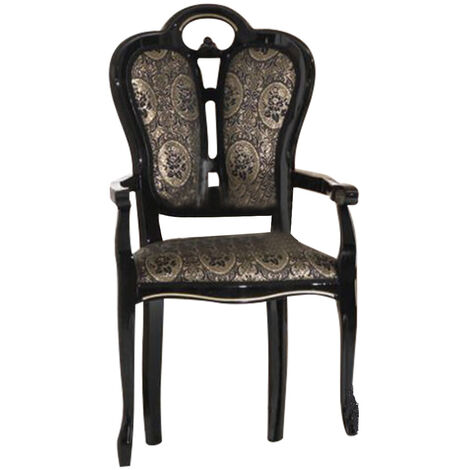Fauteuil bois vernis laqué brillant et assise tissu noir avec motifs dorés Kerla