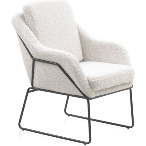 Fauteuil bouclé blanc pieds métal noir design cocooning - blanc bouclé et structure métal noir