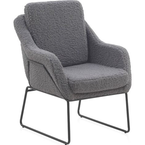 Fauteuil bouclette gris pieds métal noir assise confortable - gris bouclette élégant