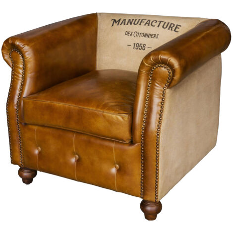 Fauteuil cabriolet 75x80x71 cm en cuir camel et toile blanche