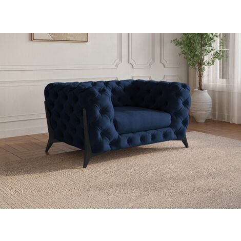 Fauteuil capitonné chesterfield velours bleu CARMEN