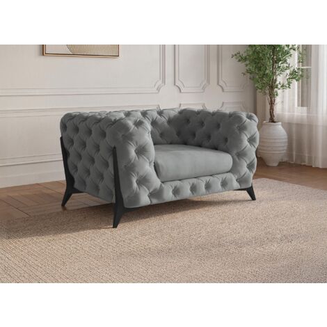 Fauteuil capitonné chesterfield velours gris CARMEN