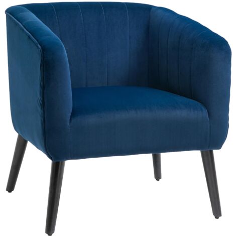 Fauteuil capitonné de style nordique moderne, revêtement en velours et pieds en bois, bleu, 70,5 x 70 x 76 cm