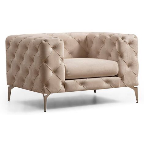 Fauteuil capitonné velours beige clair et pieds chromés Herakles 108cm