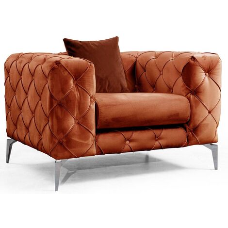 Fauteuil capitonné velours orange et pieds chromés Herakles 108cm