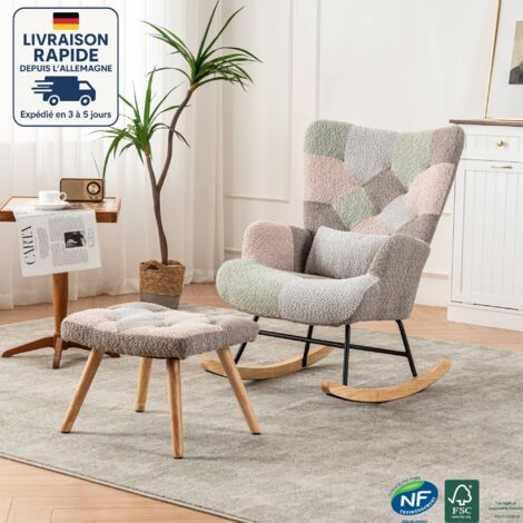 Fauteuil, chaise à bascule colorée avec repose-pieds (49x38x37 cm) et coussin lombaire, chaise longue en bois d'hévéa, design confortable et stable