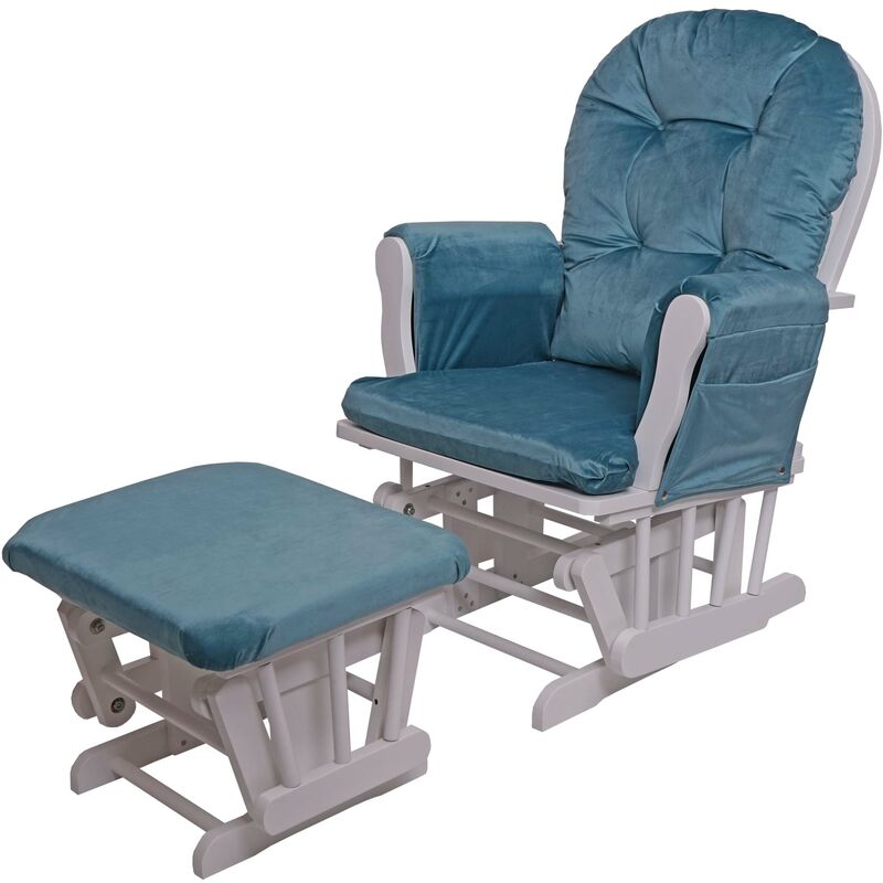 Fauteuil chaise à bascule rocking chair avec repose-pieds relaxation design rustique en bois de bouleau blanc et tissu velours bleu