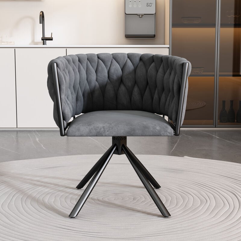 Hauss Spole - Fauteuil, chaise de salle à manger, chaise pivotante 360°, Chaise de bureau, pieds en métal noir, velours, gris - 1 pcs