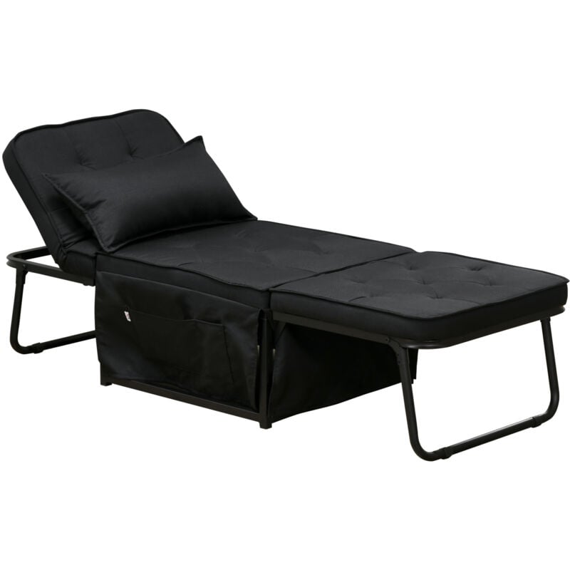 Homcom - Fauteuil chaise longue lit pouf 4 en 1 dossier inclinable 5 niveaux repose-pied rabattable châssis acier noir tissu noir