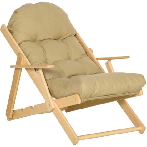 Fauteuil chaise pliable et inclinable en bois grand confort avec coussin capitonné épais - dim. 71I x 89P x 96H cm - beige