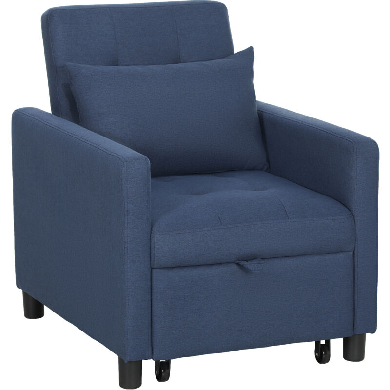 Fauteuil chauffeuse canapé-lit convertible 1 place dossier inclinable 3 positions coussin inclus polyester coton bleu