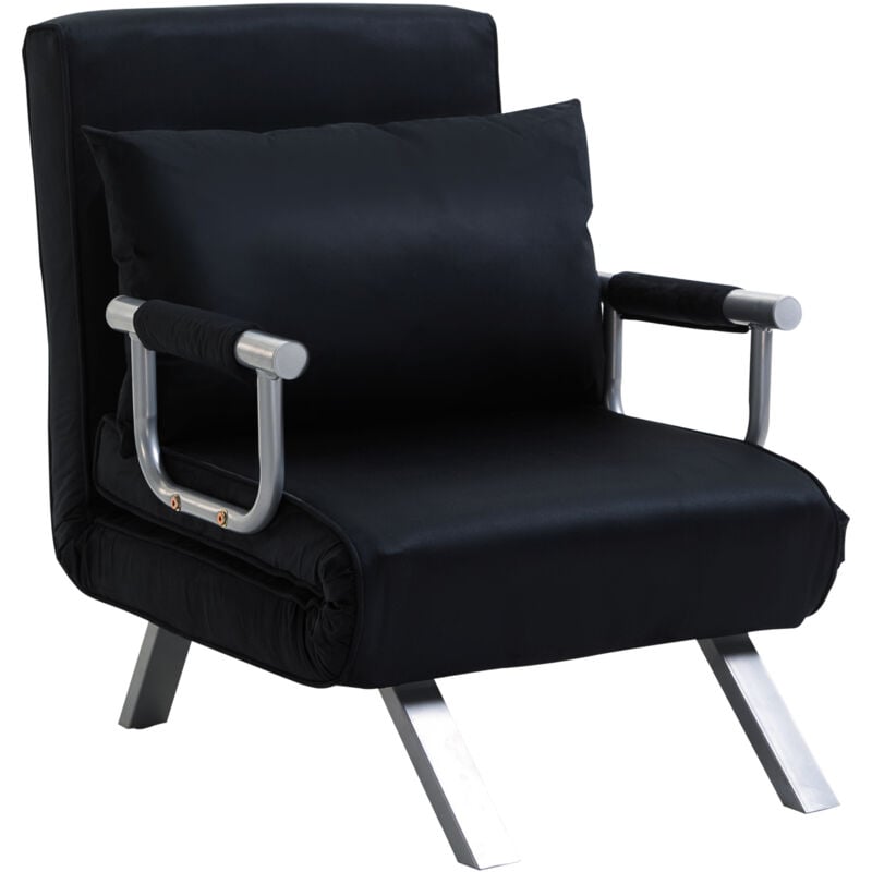 Fauteuil chauffeuse canapé-lit convertible 1 place déhoussable grand confort coussin pieds accoudoirs métal suède noir
