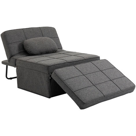 Fauteuil chauffeuse chaise longue pouf 3 en 1 dossier inclinable 5 niveaux repose-pied rabattable châssis métal noir lin gris - Gris